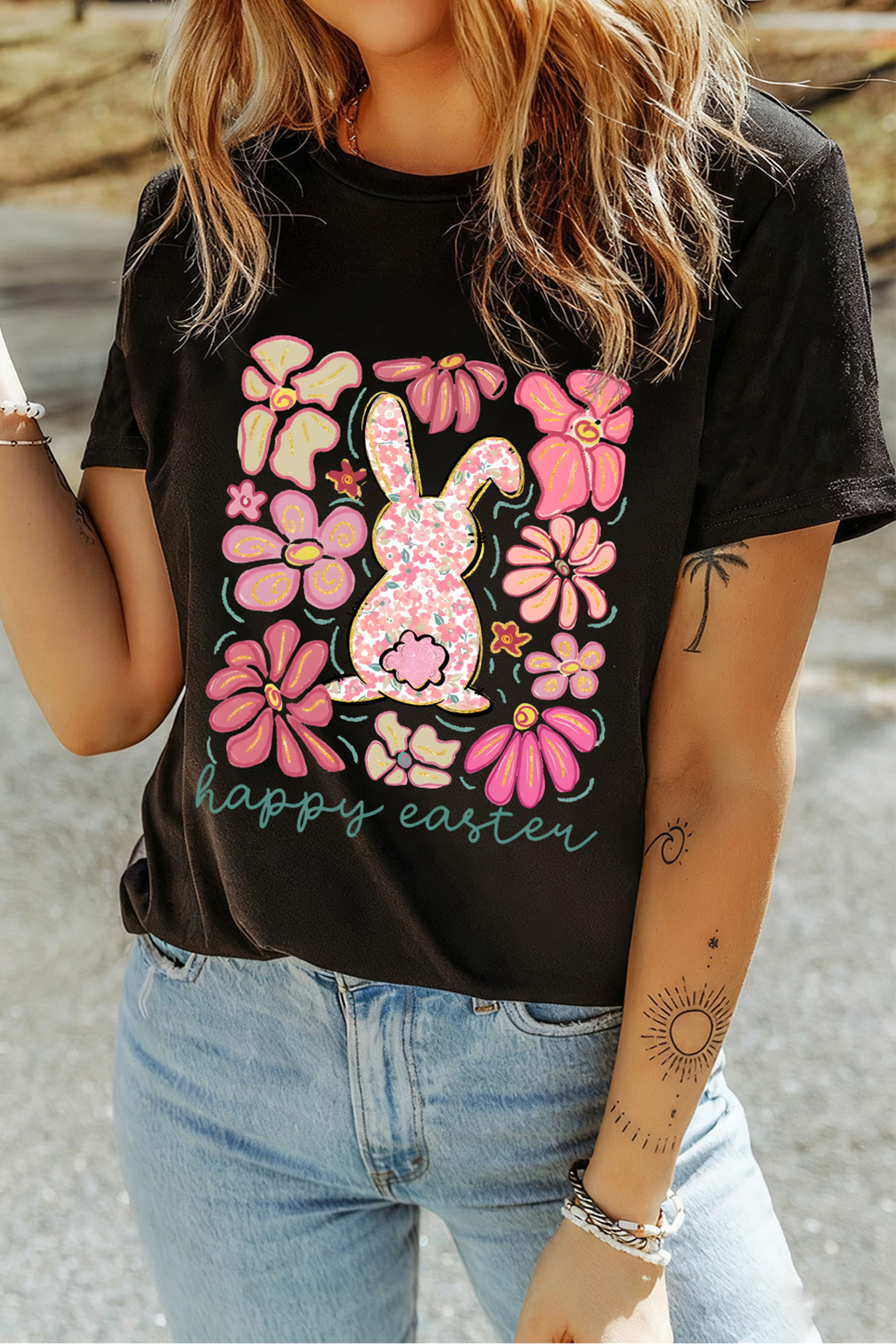 Black Happy Easter Bunny Flower Printed Casual Tee - loveforevers