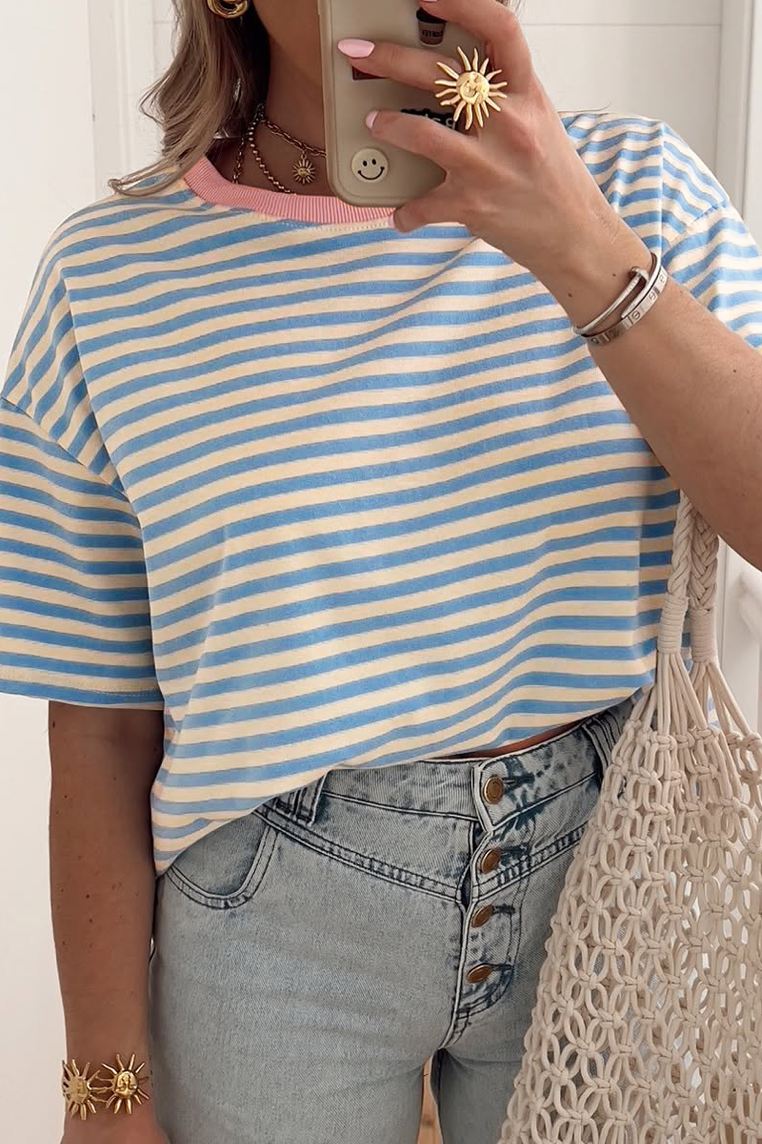 Sky Blue Stripe Contrast Crew Neck Drop Shoulder Loose Tee - loveforevers