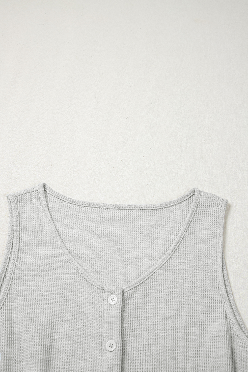 Light Grey Waffle Knit Sleeveless Buttoned Front Drawstring Elastic Waistband Romper - loveforevers