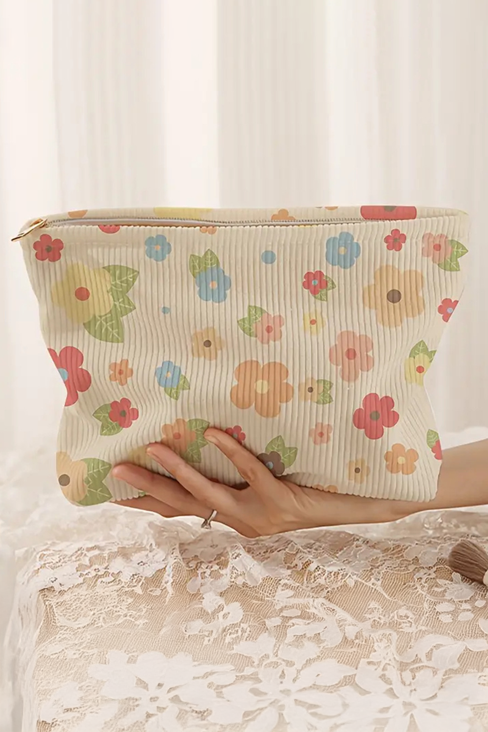 White Flower Leaves Print Zipper Corduroy Makeup Bag - loveforevers