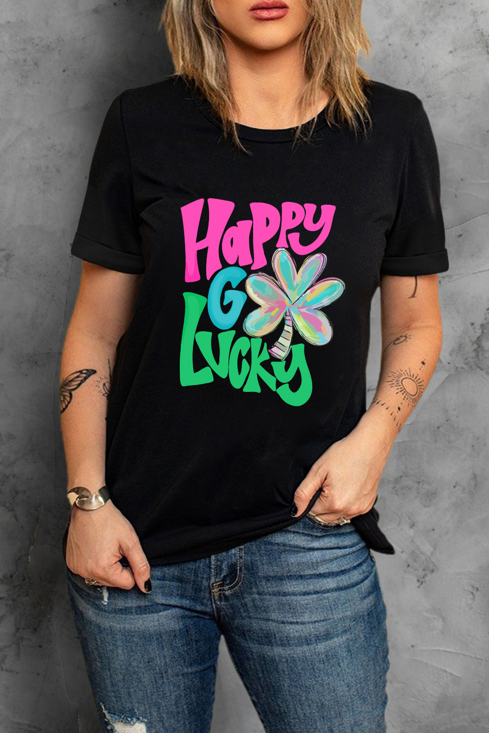 Black St. Patricks Lucky Clover Print O Neck T Shirt - loveforevers
