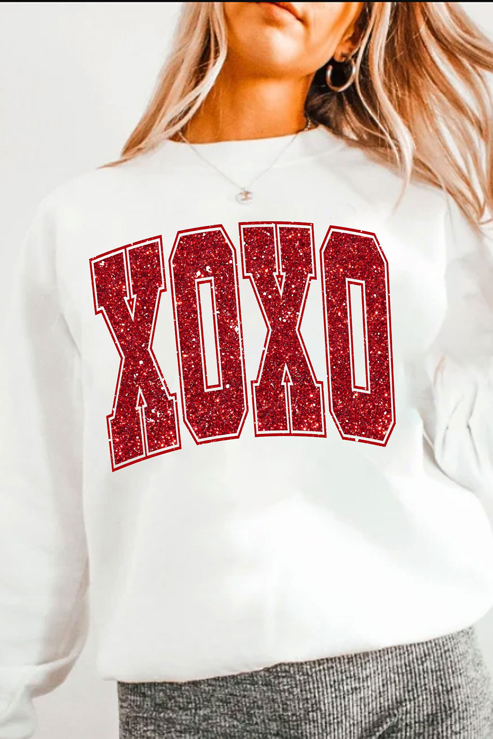 White Glitter XOXO Graphic Crewneck Valentines Pullover Sweatshirt - loveforevers