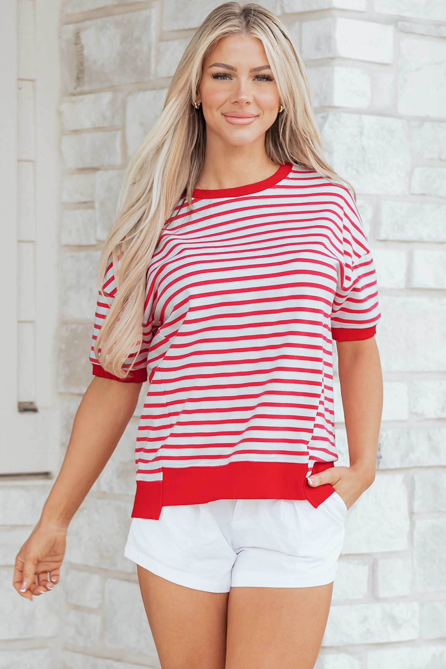 Red Stripe Drop Shoulder Half Sleeve T Shirt - loveforevers