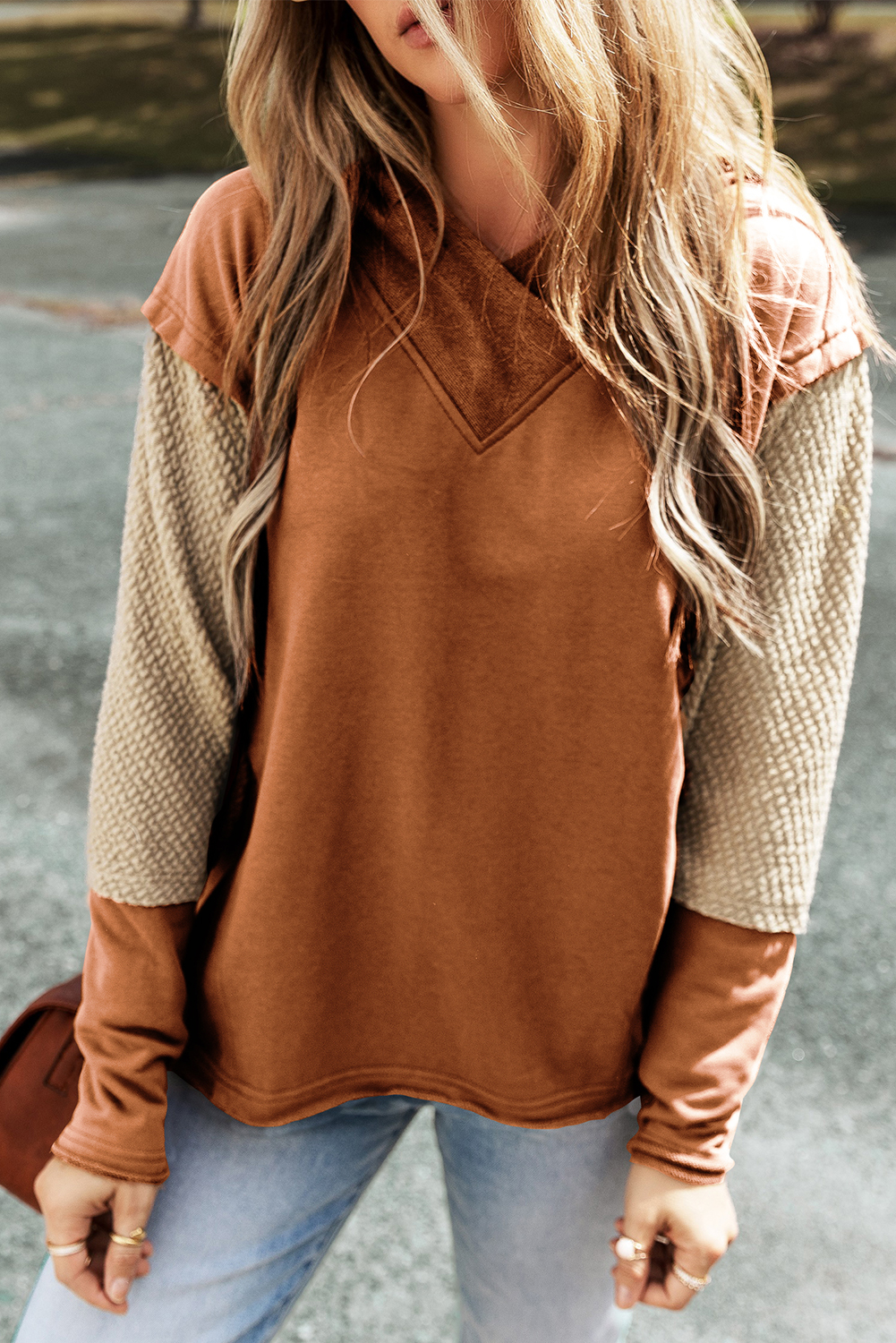 Chestnut Contrast Sleeves Patchwork Colorblock Hoodie - loveforevers