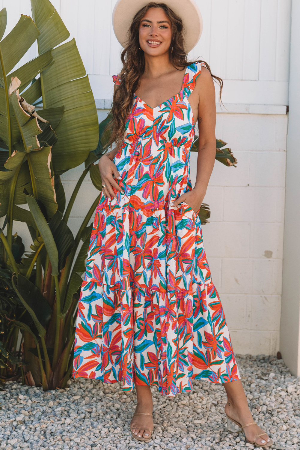 Red Boho Floral Ruffled Strap V Neck Maxi Dress - loveforevers