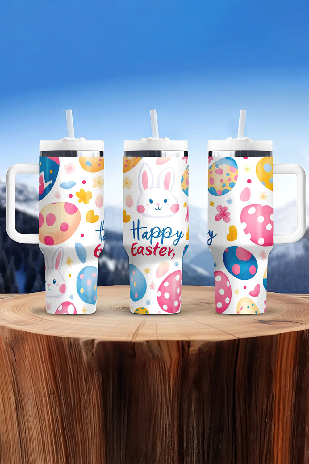 White Happy Easter Bunny Eggs Printed Thermal Tumbler - loveforevers