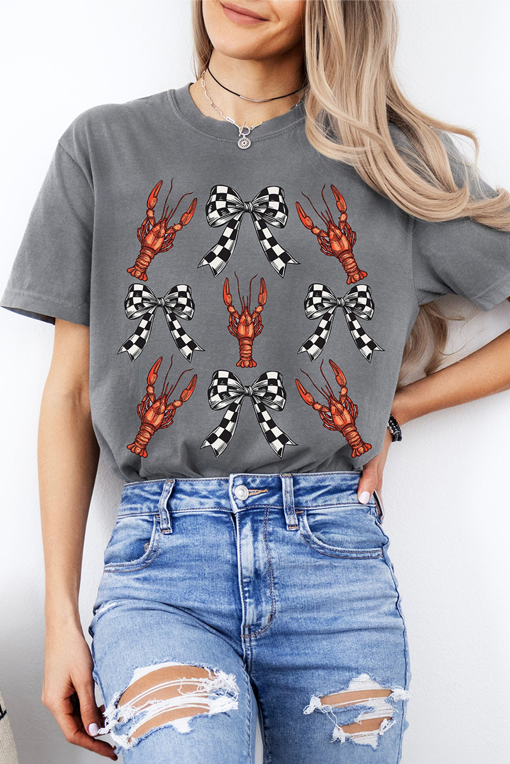 Gray Checkered Bow Crawfish Printed Summer Tee - loveforevers
