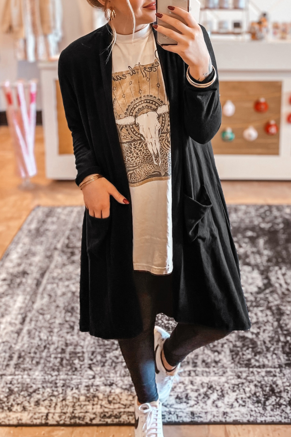 Black Solid Color Open Front Cardigan with Pocket - loveforevers