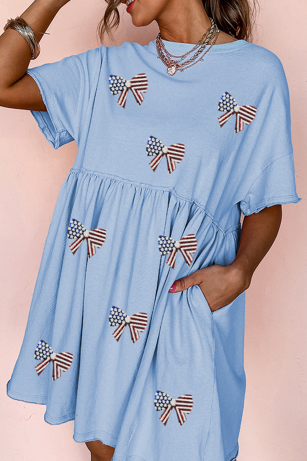 Sky Blue Star and Stripes Sequin Bow Patched T Shirt Babydoll Dress - loveforevers