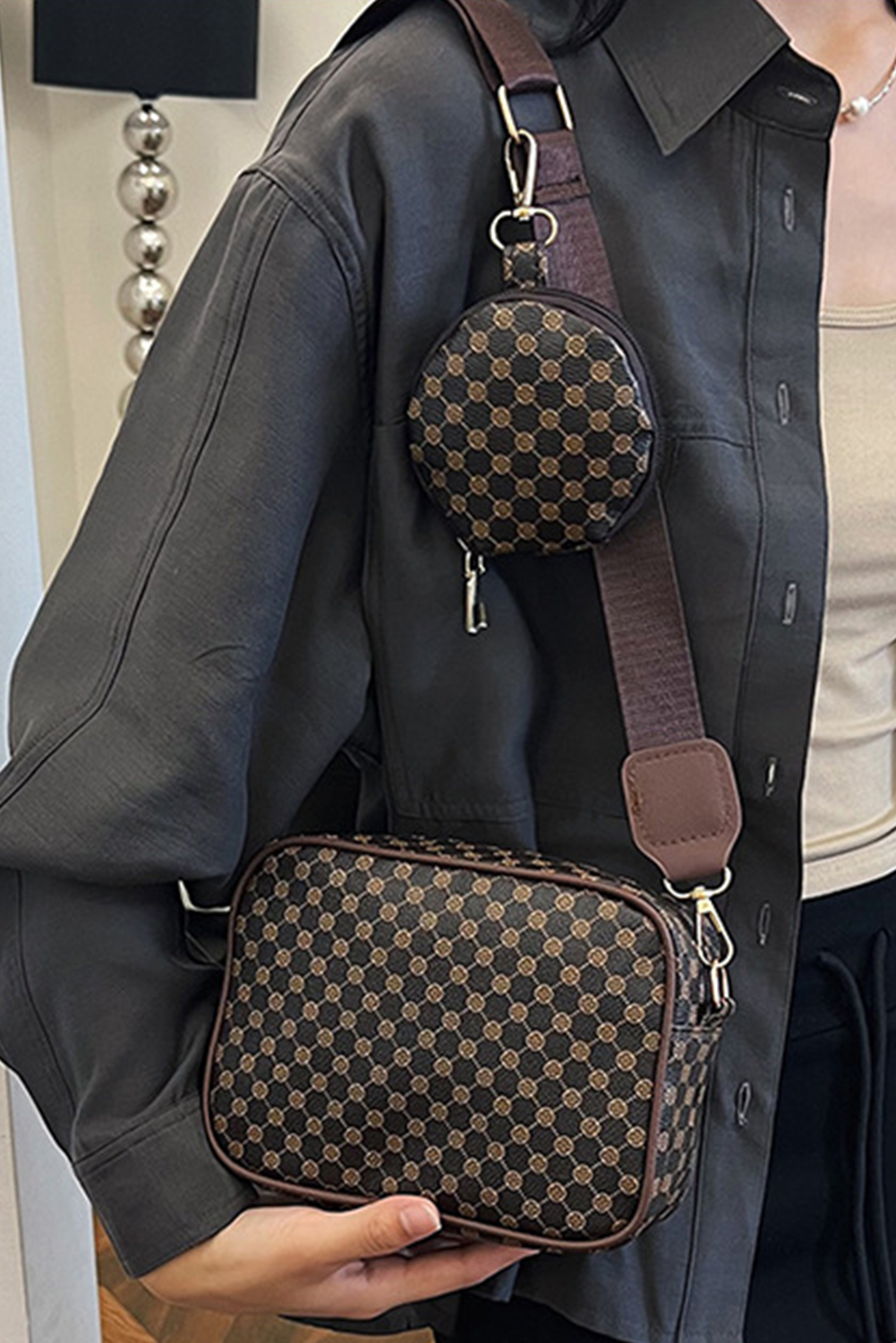 Coffee Checkered Print PU Leather Shoulder Bag with Coin Wallet - loveforevers