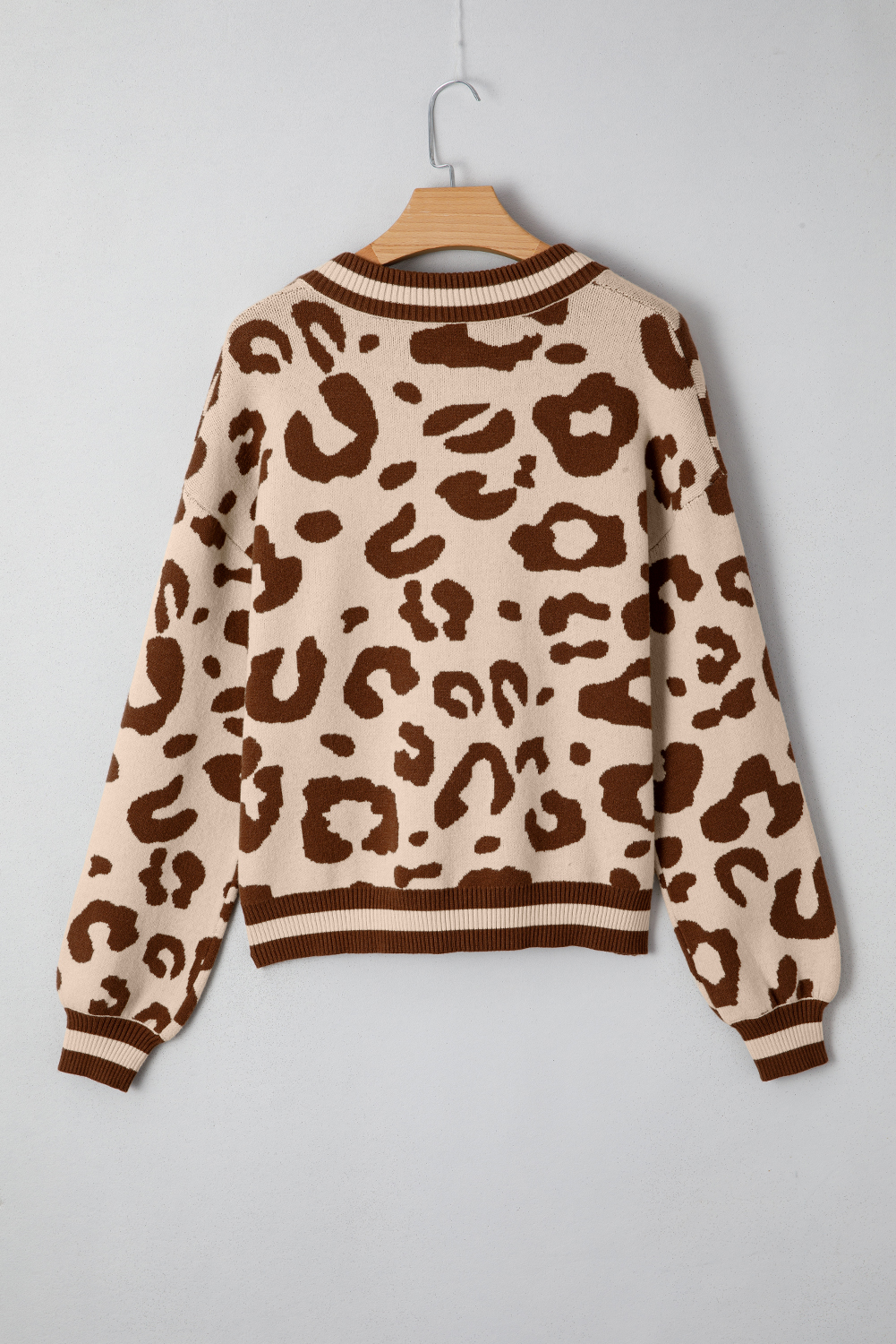 Light French Beige Leopard Printed Knit V Neck Casual Sweater - loveforevers