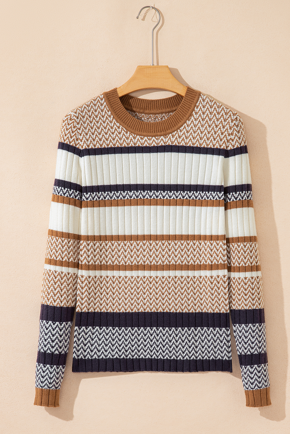Brown Stripe Stylish Pattern Knitted Ribbed Trim Slim Sweater - loveforevers