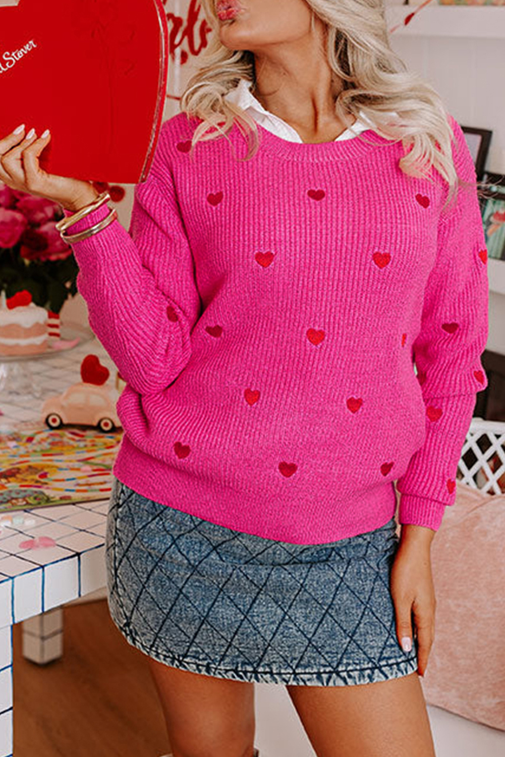 Rose Red Heart Shape Drop Shoulder Round Neck Sweater - loveforevers