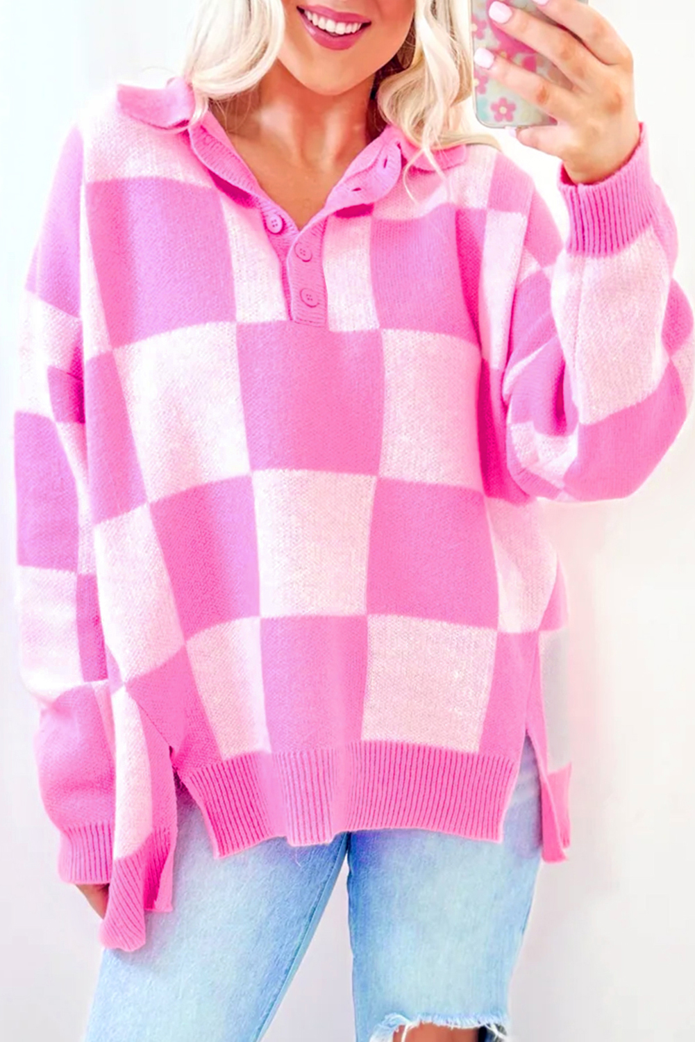 Pink Checkerboard Half Button Collared Drop Shoulder Sweater - loveforevers