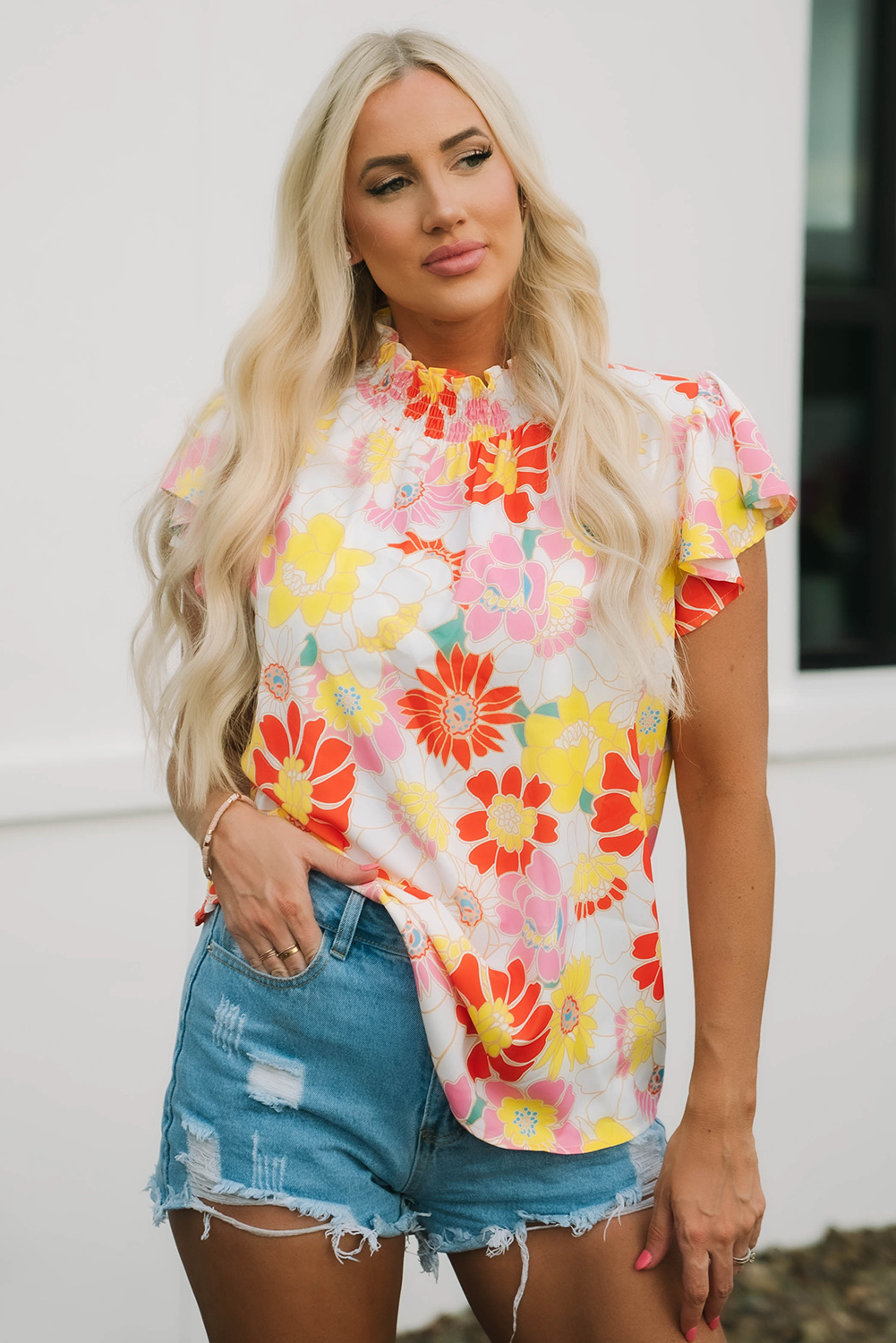 Multicolor Stand Collar Flutter Sleeves Floral Top - loveforevers