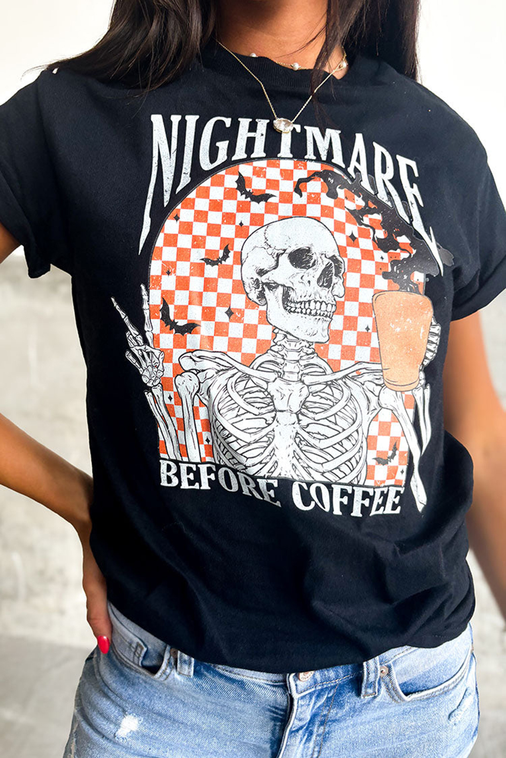 Black Nightmare Before Coffee Skull Checkerboard Graphic Halloween Tee - loveforevers