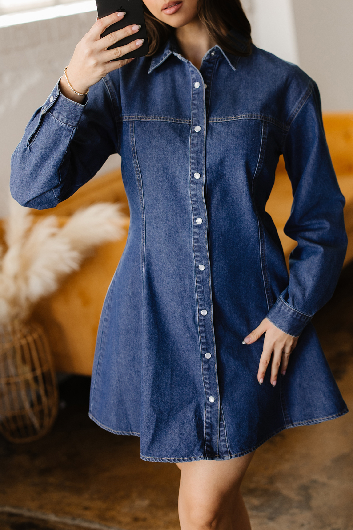 Ashleigh Blue Denim Shirt Collar Long Sleeve Flared Mini Dress - loveforevers