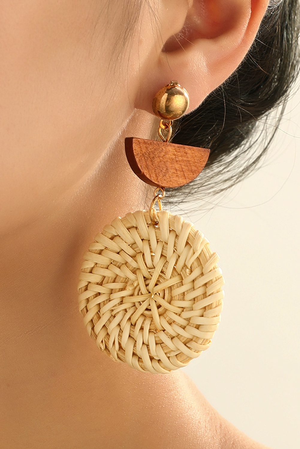 Beige Wooden Woven Disc Dangle Earrings - loveforevers