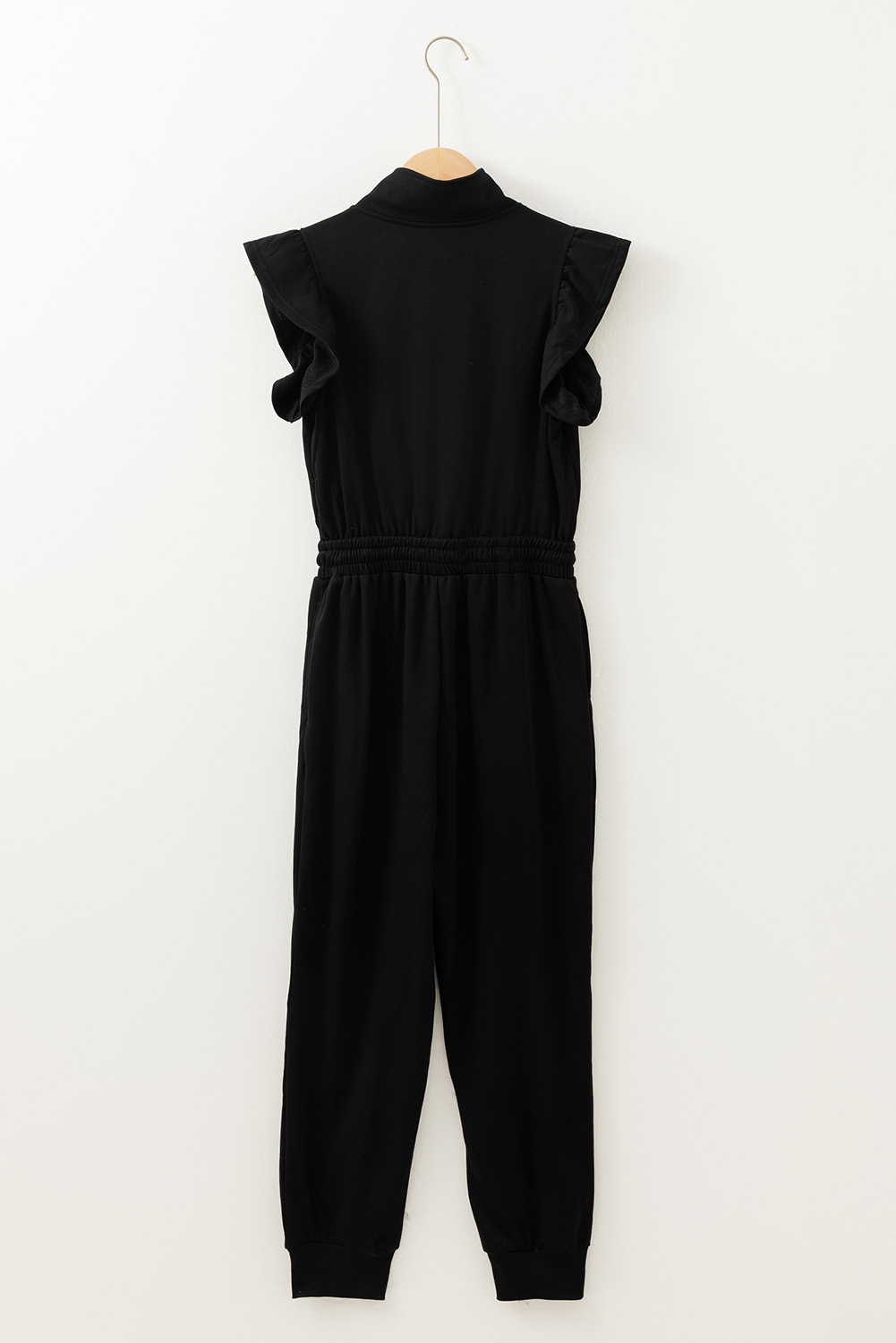 Black Zipper Flutter Sleeve Drawstring Elastic Waistband Jumpsuit - loveforevers