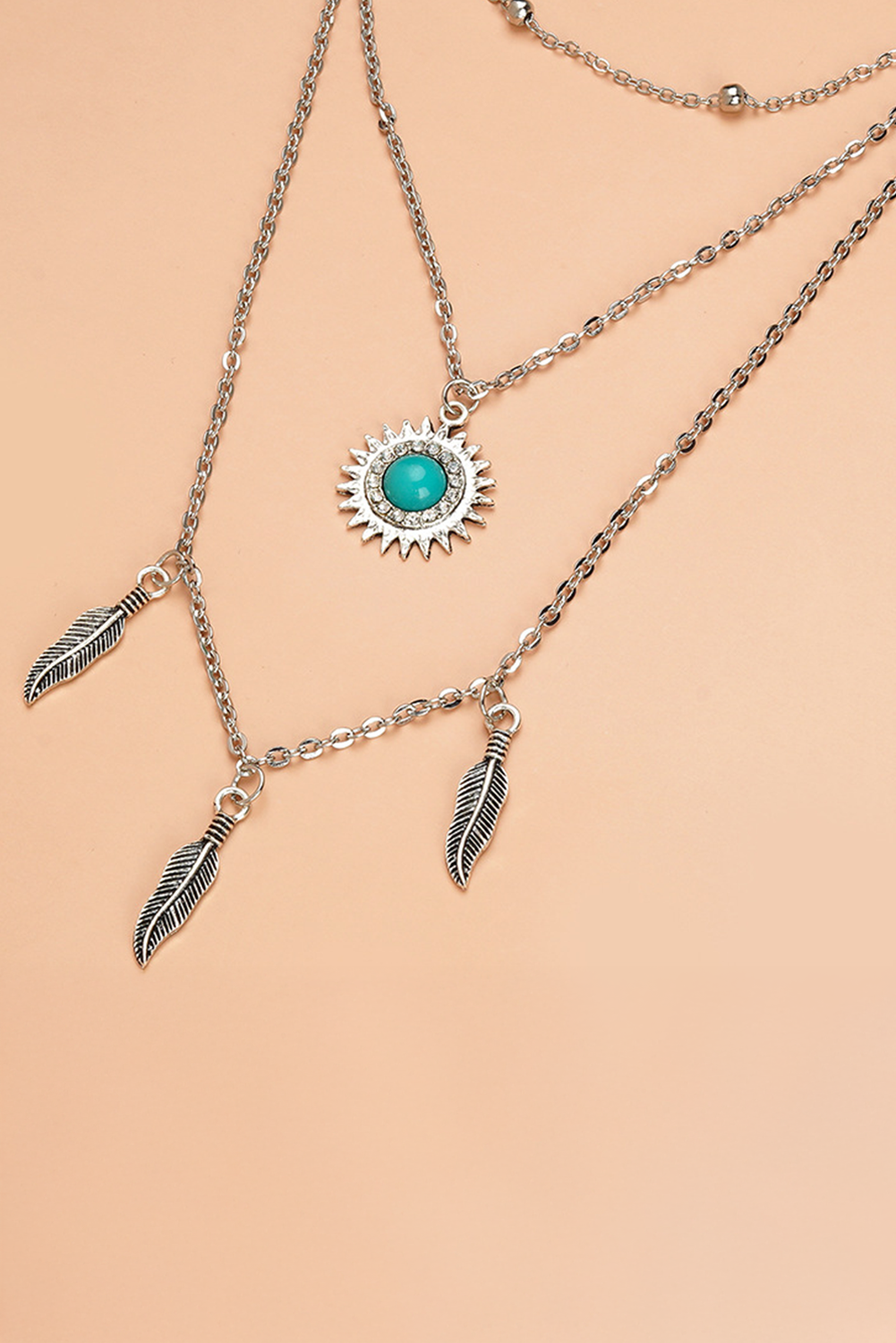 Silvery Boho Turquoise Sun Leaves Multi Layered Necklace - loveforevers