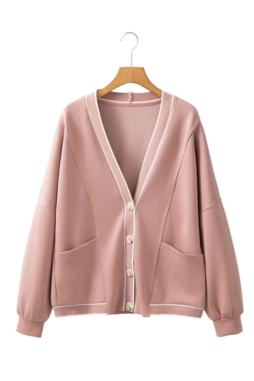 Pink Stripe Contrast Trim V Neck Buttoned Front Pocketed Knit Cardigan - loveforevers