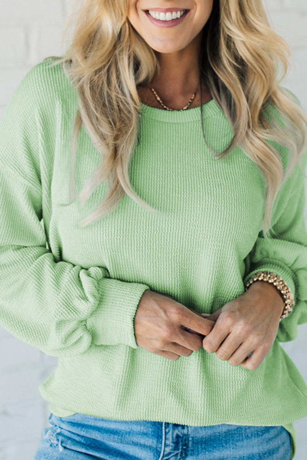 Moonlight Jade Solid Cord Ribbed Drop Shoulder Pullover Top - loveforevers