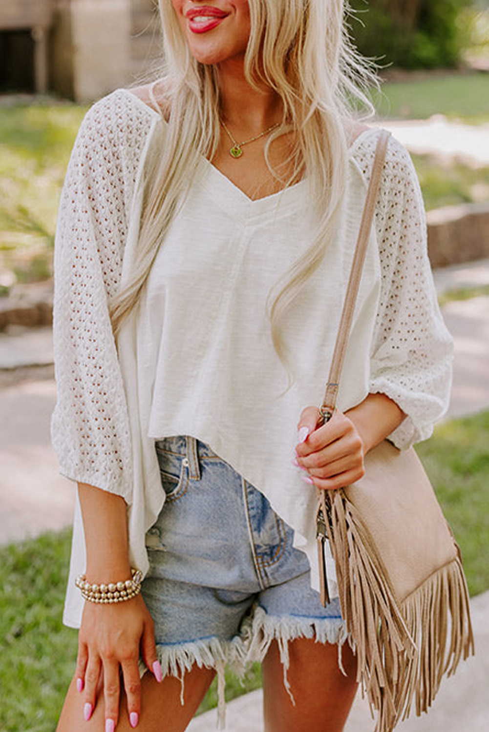 White Eyelet Patchwork High Low Hem V Neck Oversized Top - loveforevers