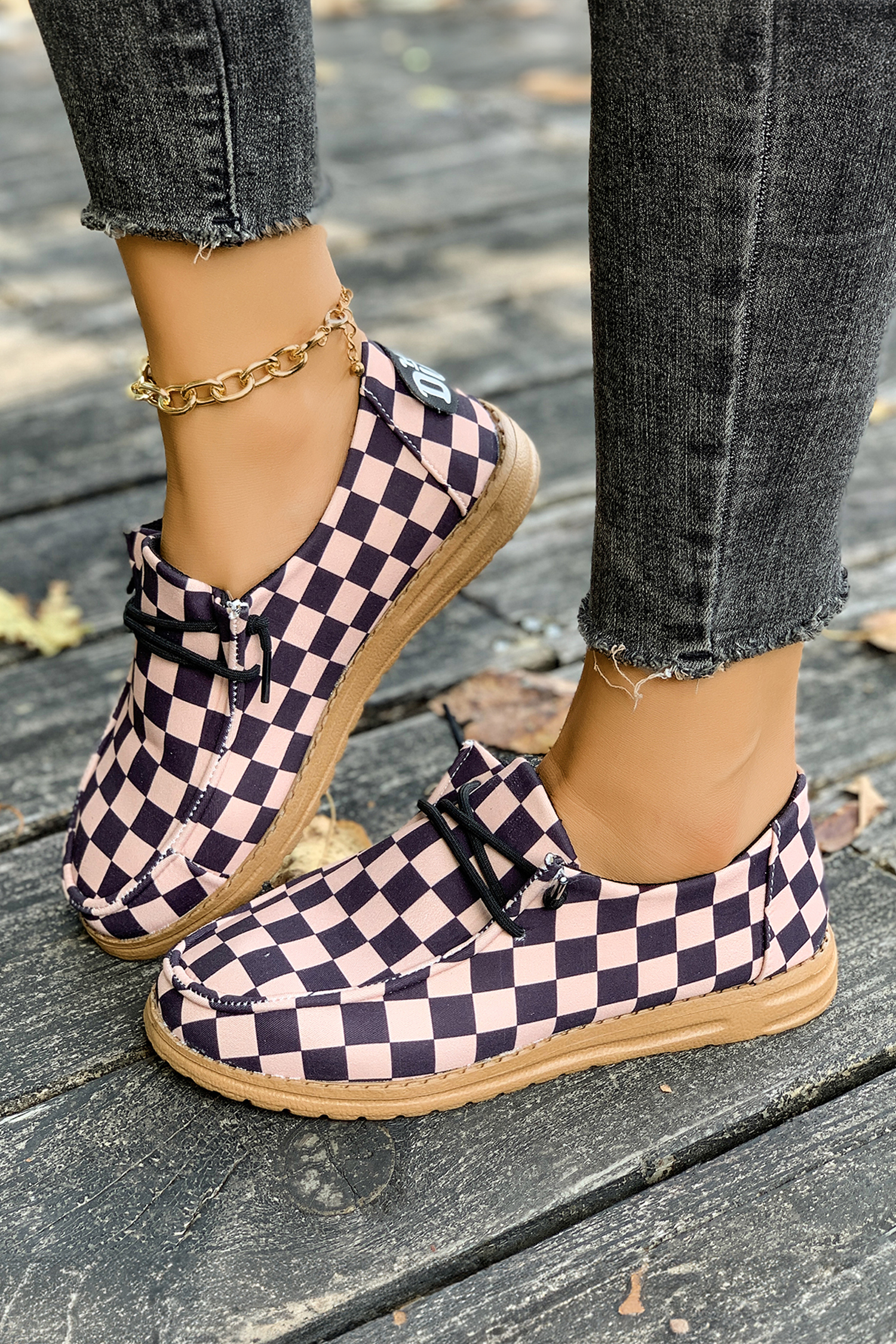 Dark Brown Checkered Print PU Leather Lace Up Detail Flat Shoes - loveforevers