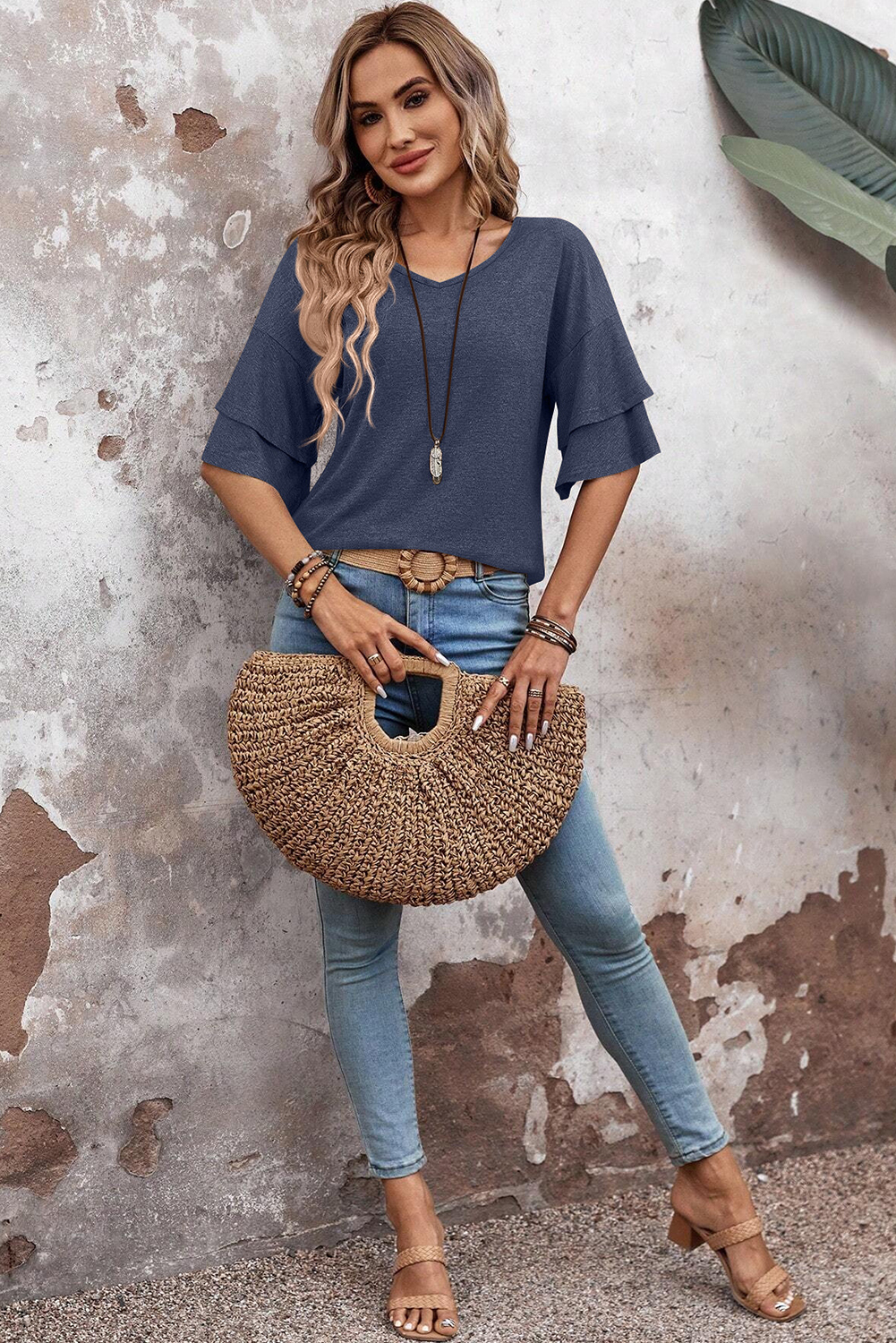 Sail Blue Solid Colour V-Neck Double Layer Sleeve Loose T-Shirt - loveforevers