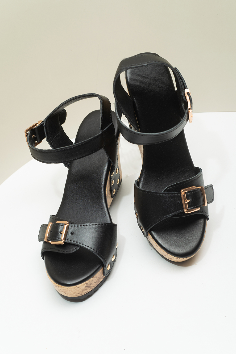 Black Rivet Buckle Closure Wedge Sandals - loveforevers