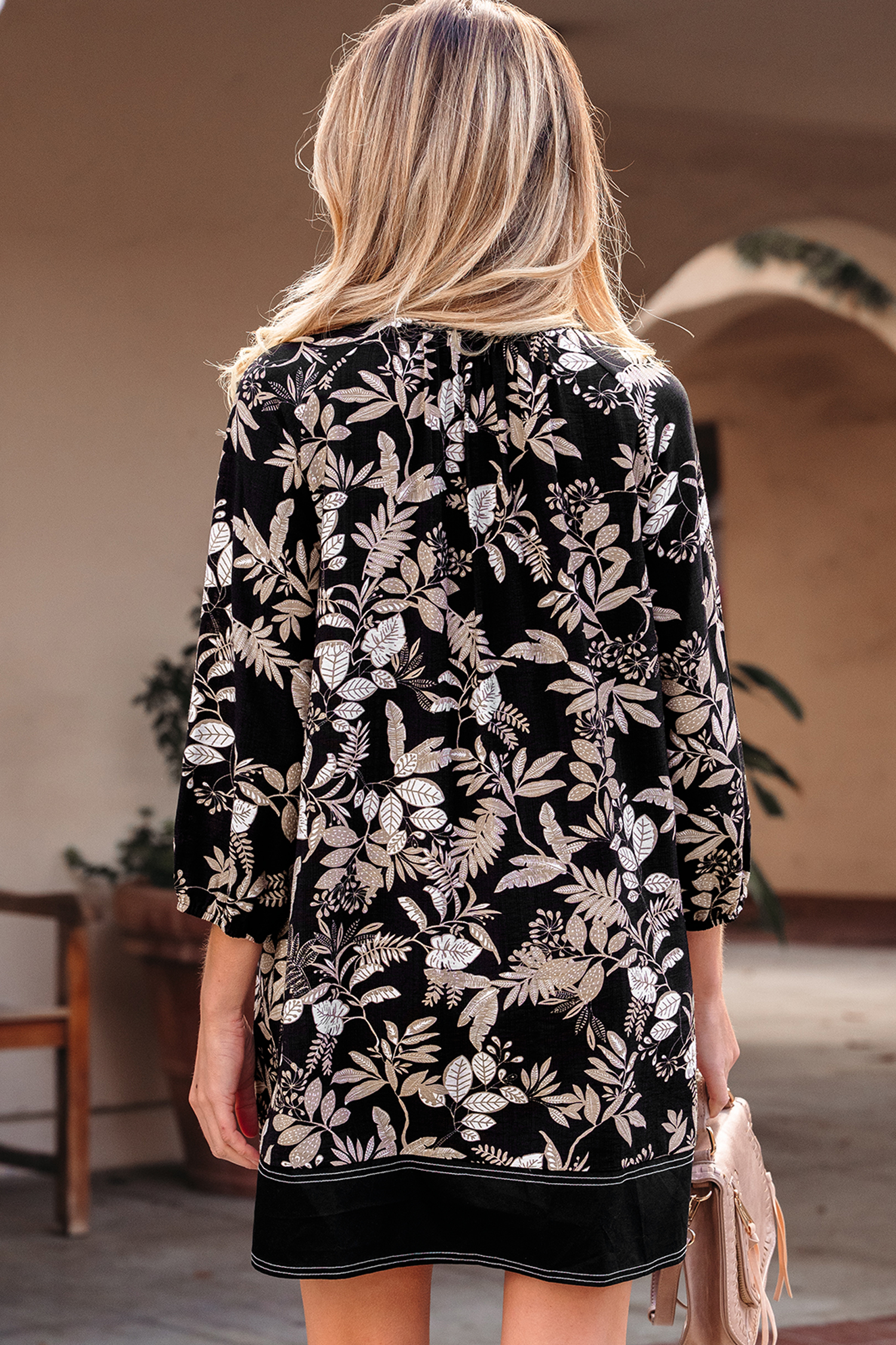 Black 3/4 Sleeve Botanical Print Split Neck Loose Mini Dress - loveforevers