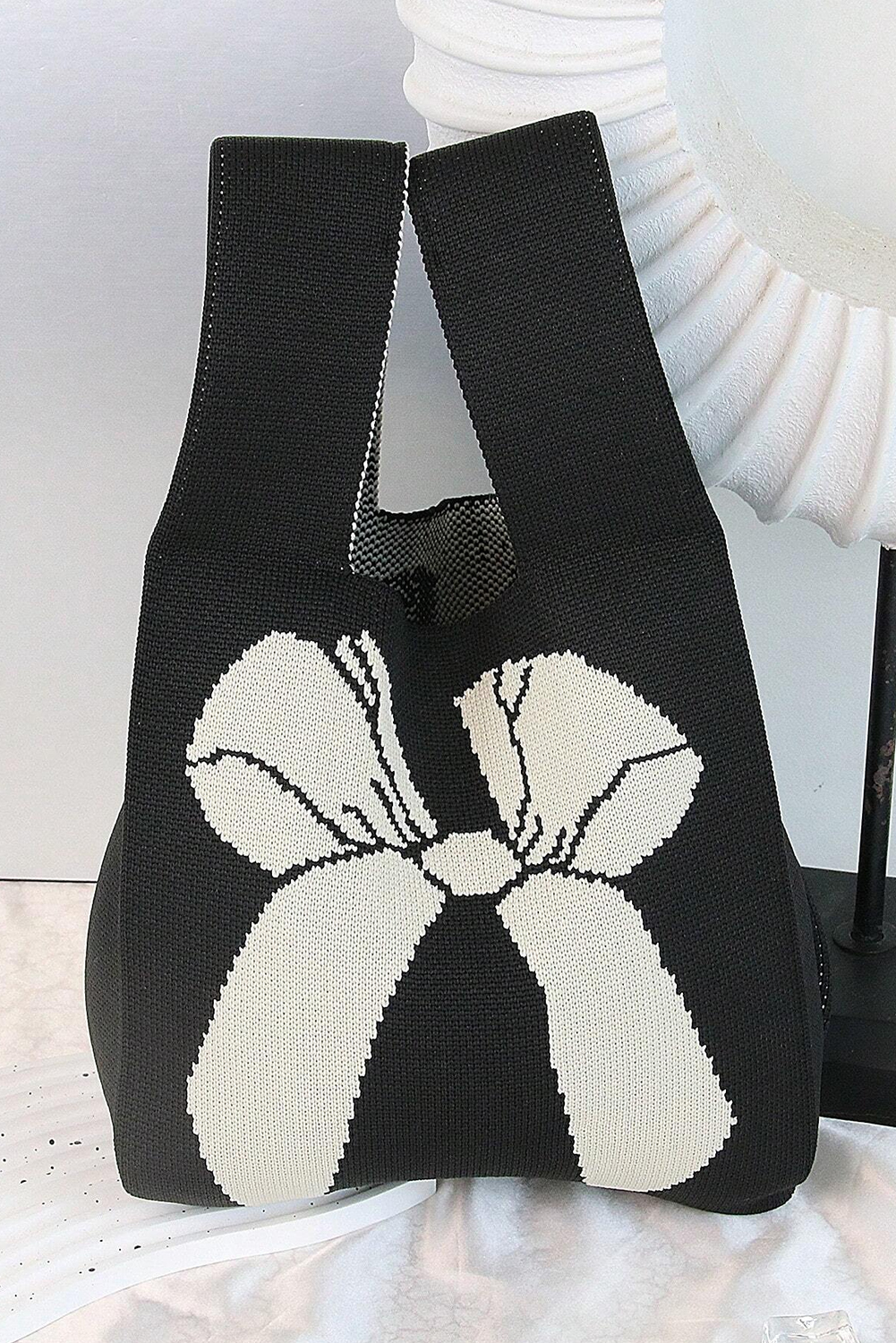 Black Colorblock Bowknot Pattern Knitted Hand Bag - loveforevers