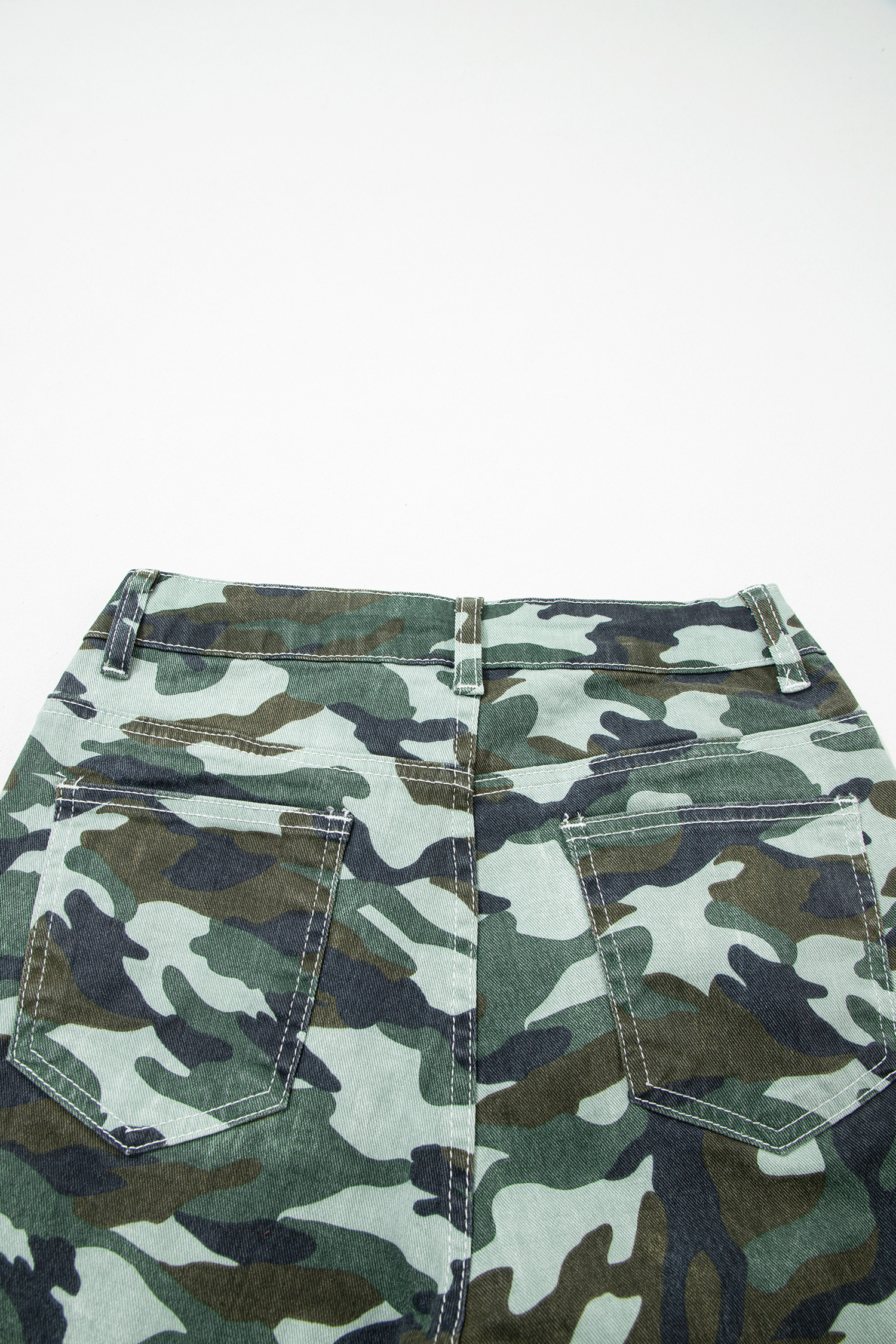 Green Camouflage Print Wide Leg Drawstring Denim Pants - loveforevers