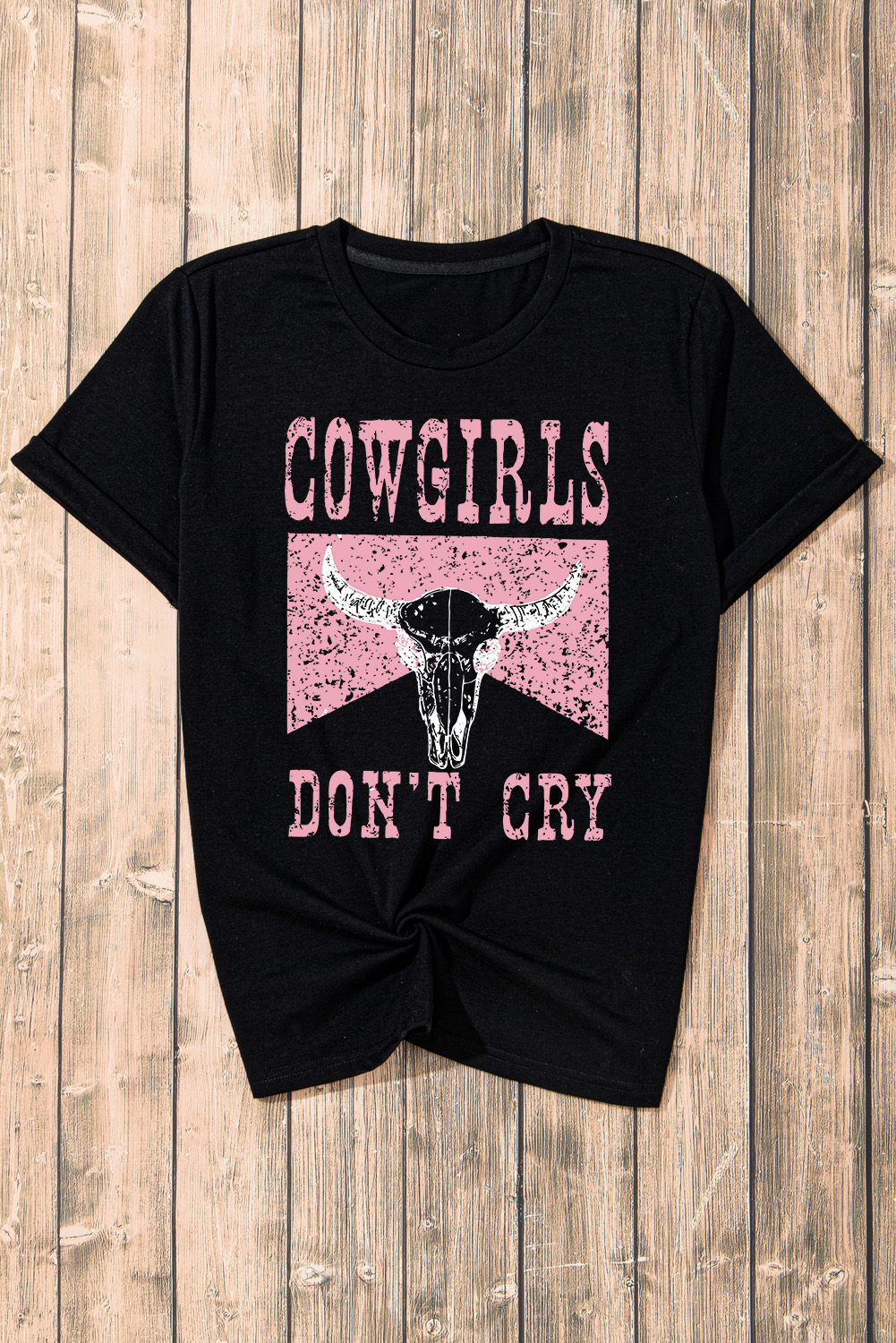 Black COWGIRL DONT CRY Steer Head Print Short Sleeve Top - loveforevers