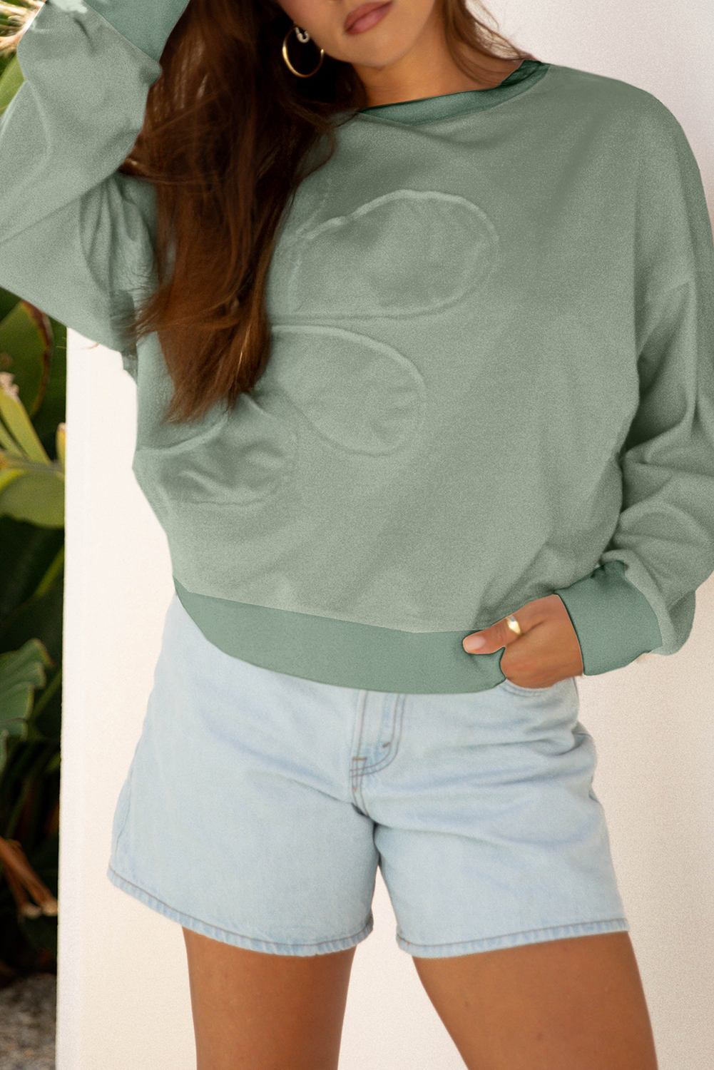 Beige Raw Edge Flower Patch Drop Shoulder Casual Top - loveforevers