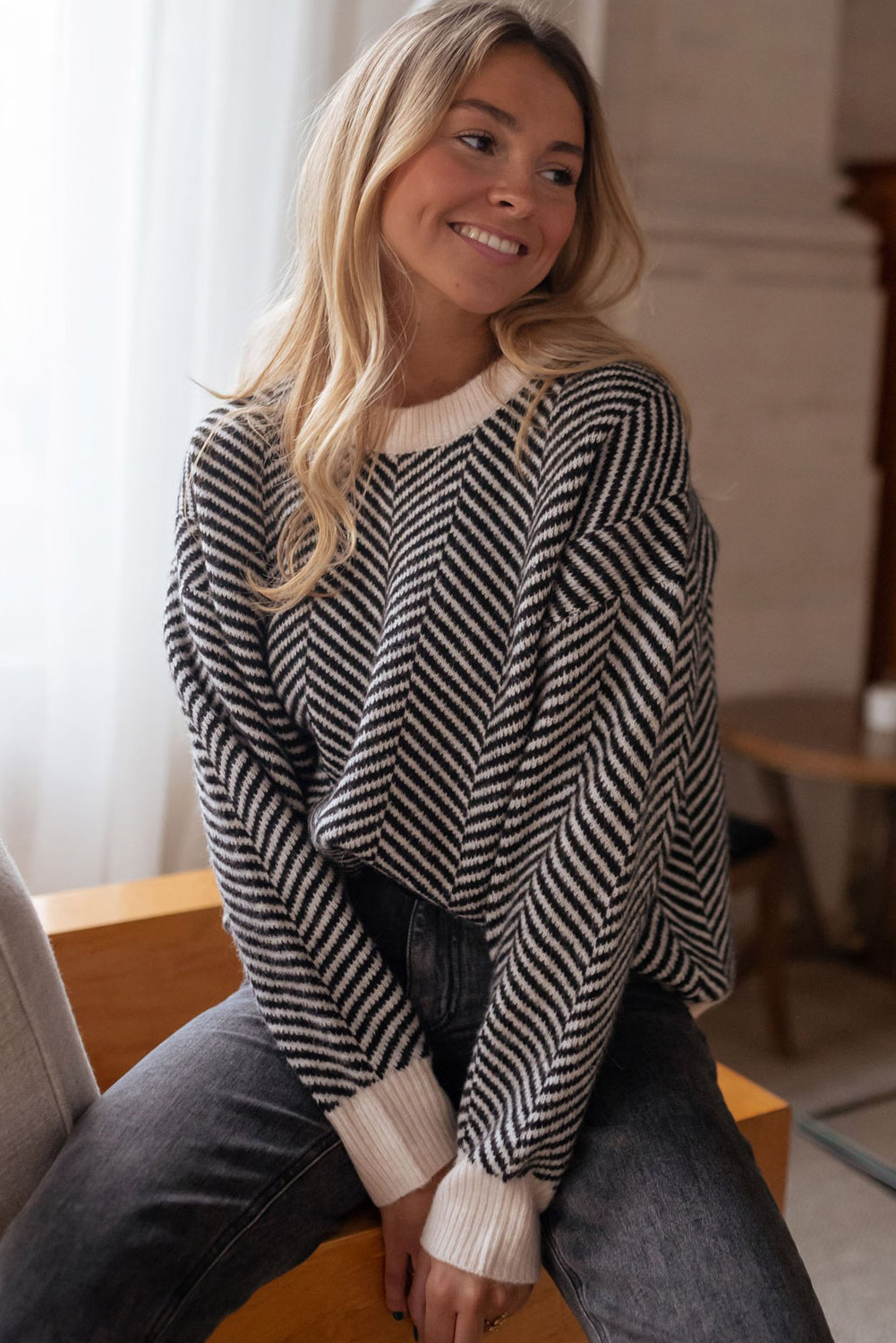 Coffee Contrast Edge Crew Neck Drop Shoulder Sweater - loveforevers