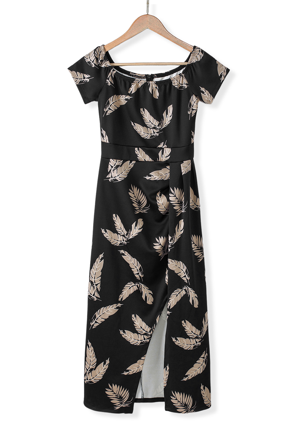 Black Pattern Print Off Shoulder Slit Bodycon Midi Dress - loveforevers