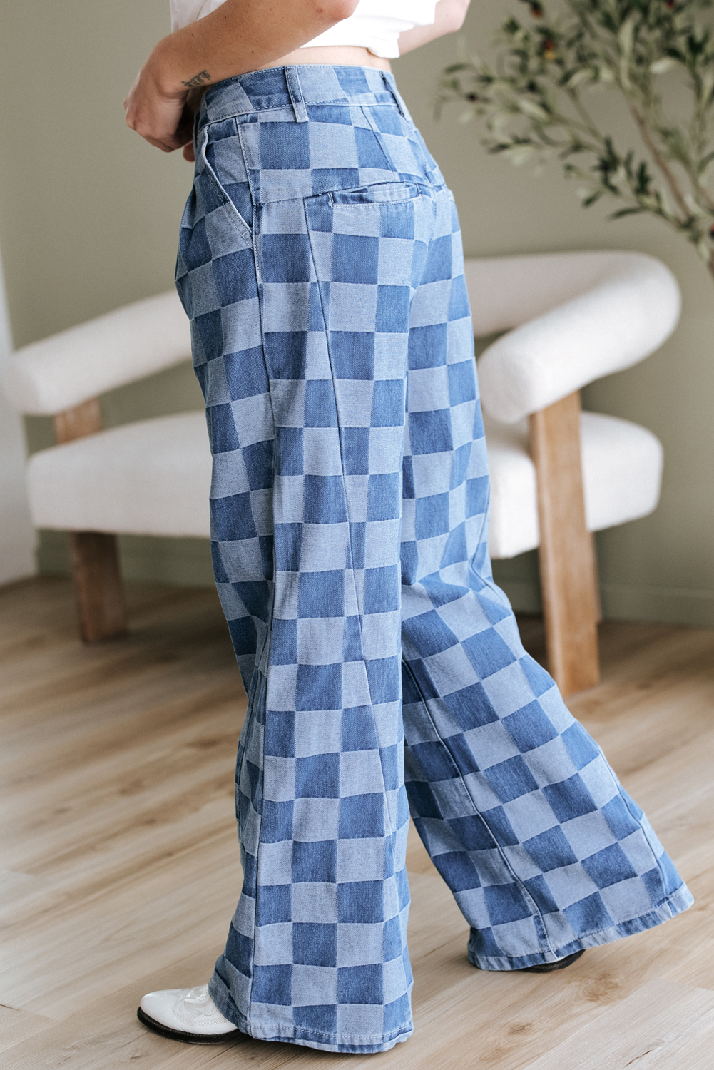 Dark Grey Checkered Denim Wide Leg Jeans - loveforevers