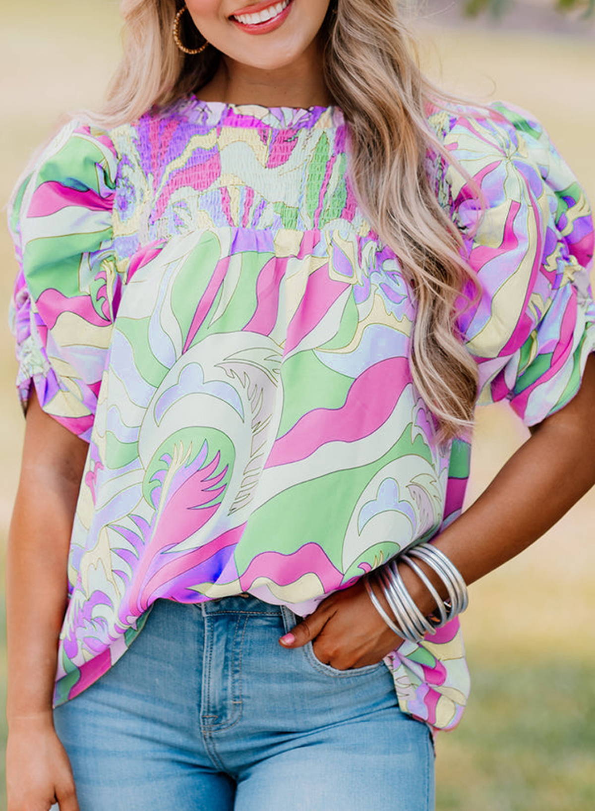 Green Abstract Print Bubble Sleeve Smock Detail Blouse - loveforevers