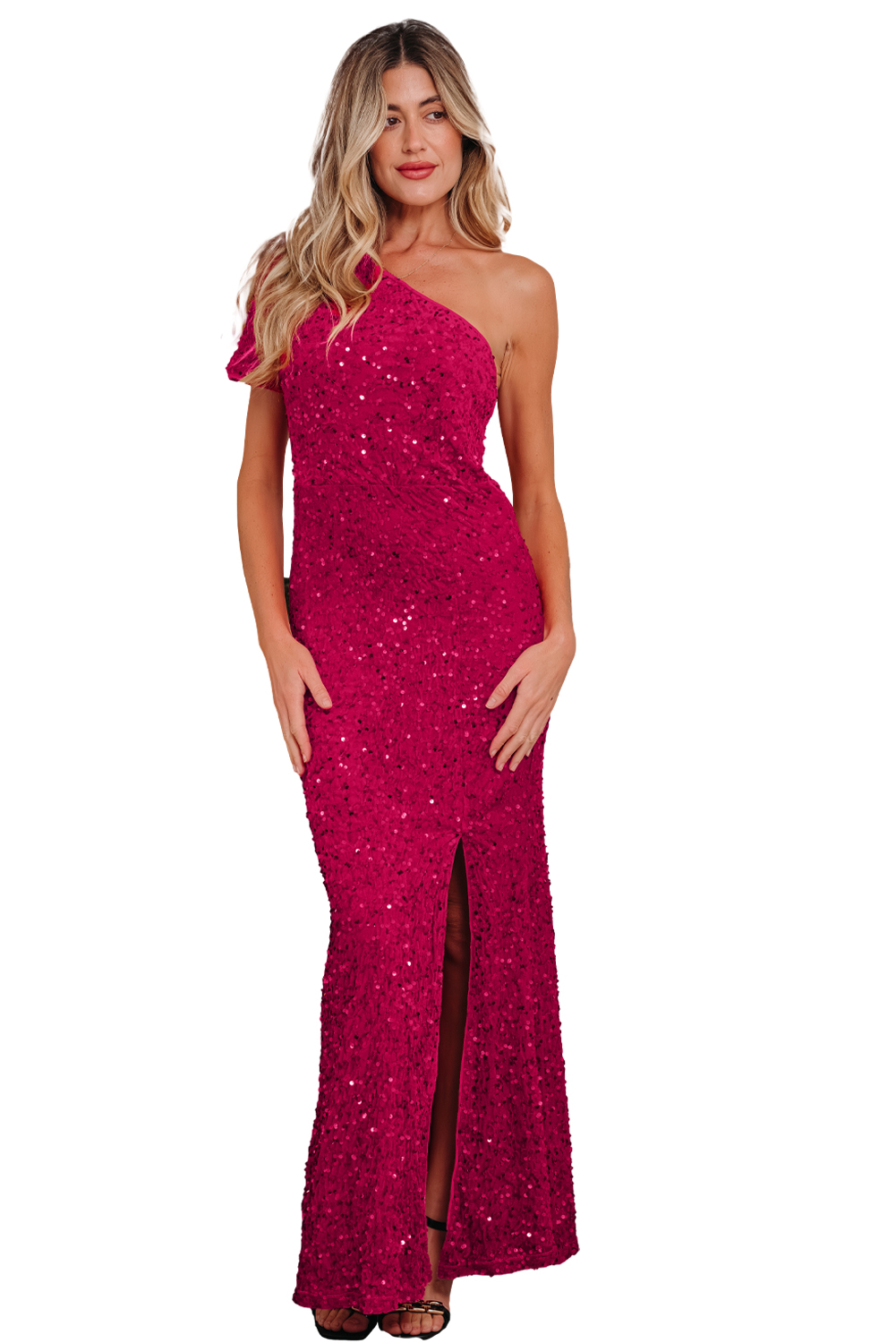 Pitaya Pink One Shoulder Thigh High Split Bodycon Sequin Gown - loveforevers