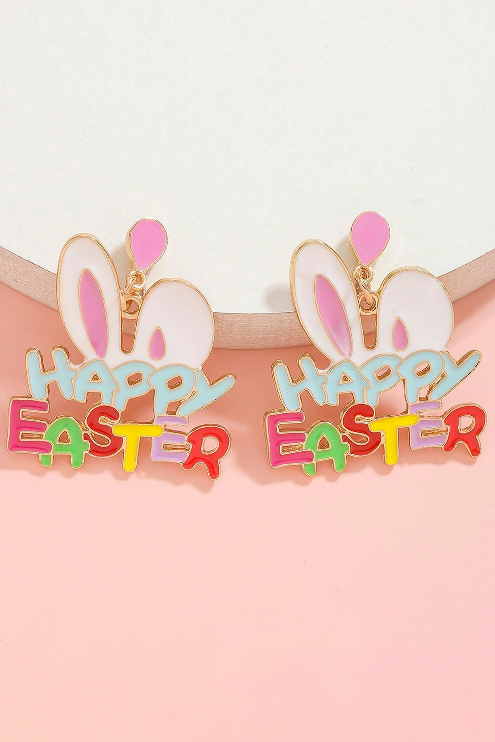 Pink Happy Easter Bunny Ear Pattern Stud Dangle Earrings - loveforevers