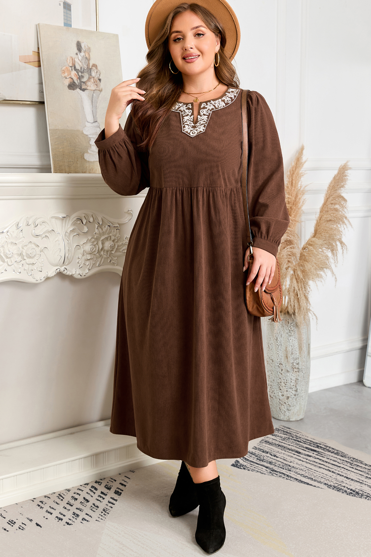 Coffee Embroidered Notched Neckline Textured Pleated High Waist Plus Size Midi Dress - loveforevers