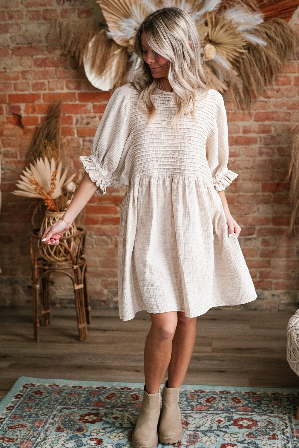 White Textured Ruffled Puff Sleeve Loose Dress - loveforevers