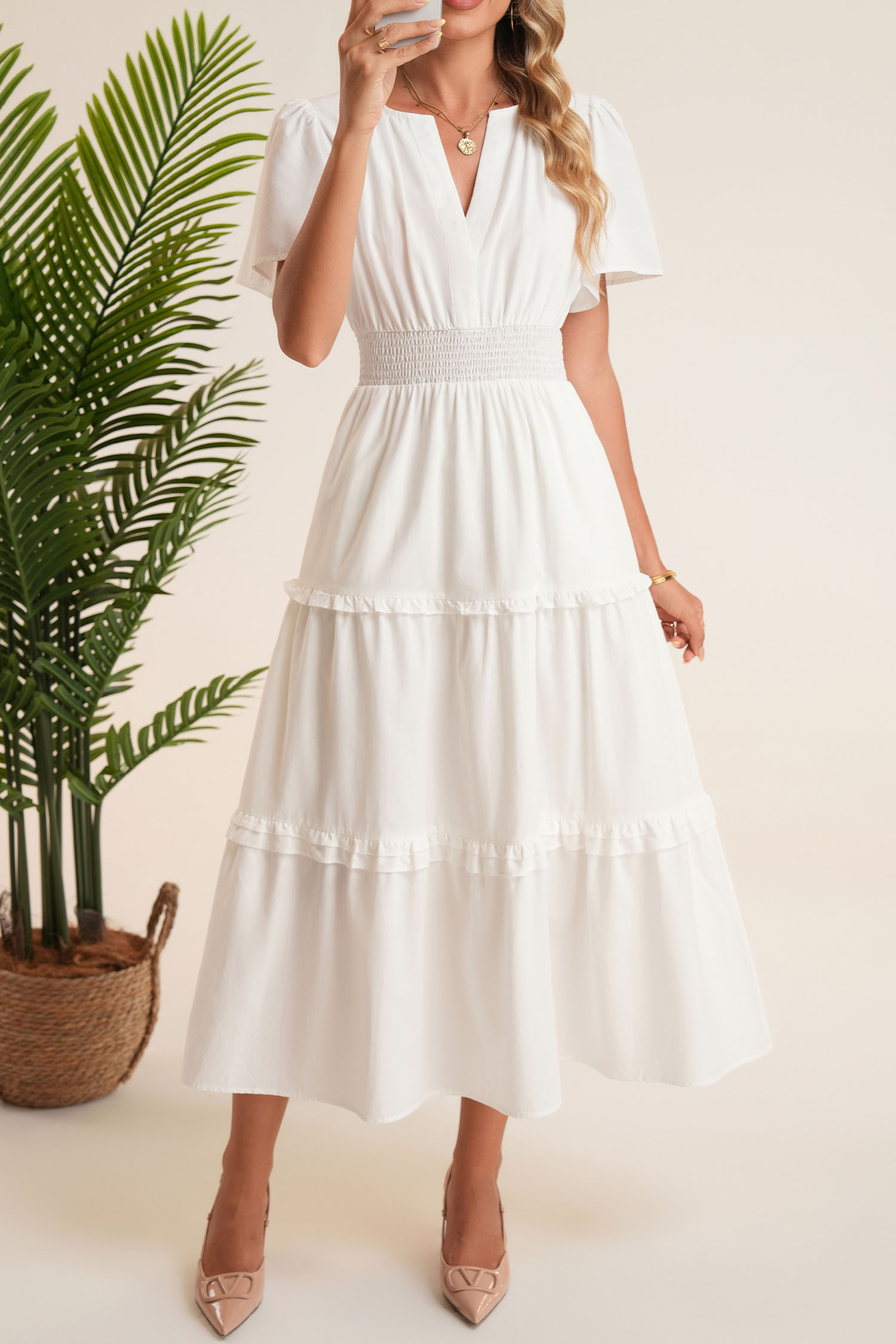 White Customizable Short Sleeve Button Bodice Smocked High Waist Tiered Dress - loveforevers