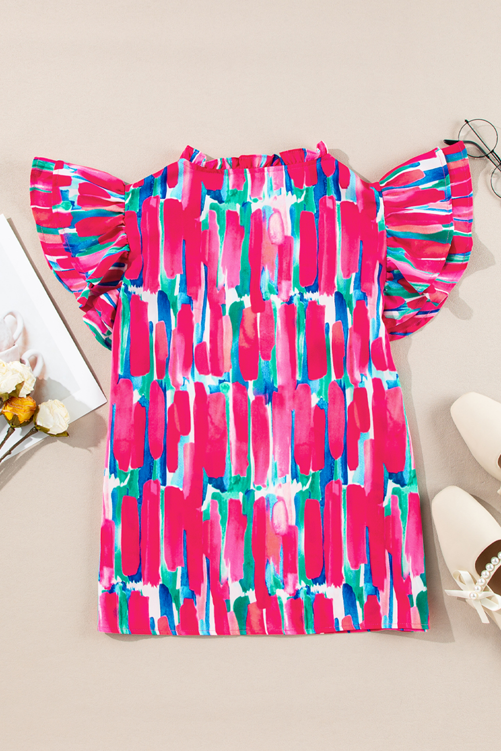 Rose Abstract Brush Print Ruffled Sleeve Frill V Neck Blouse - loveforevers