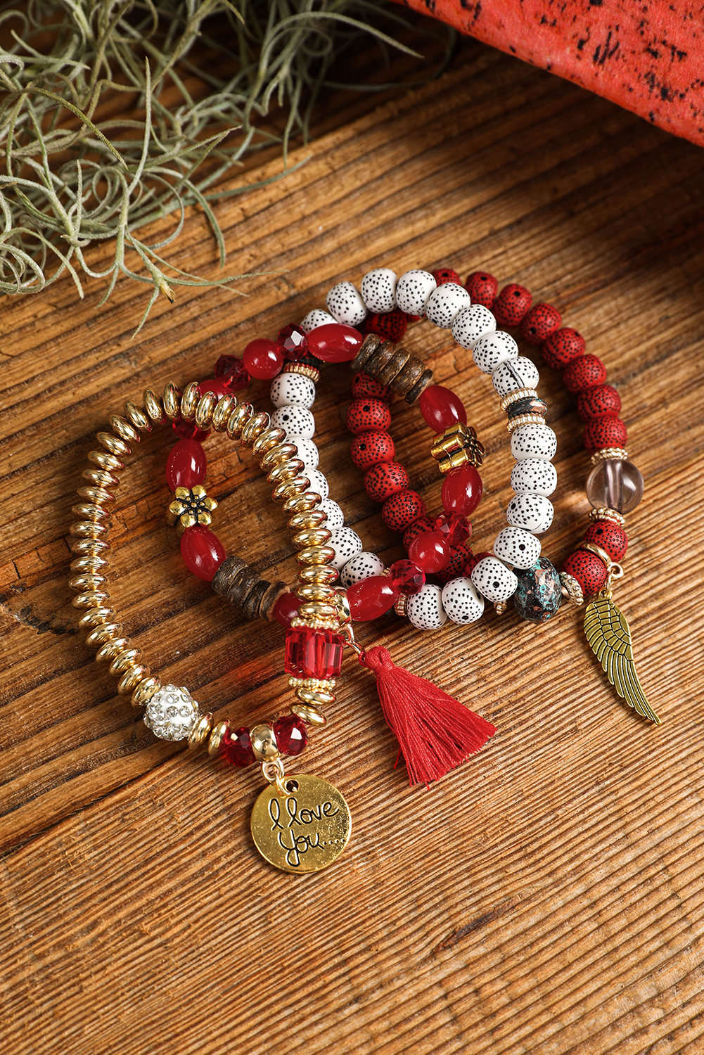 Red Dahlia 4pcs Boho Disc Tassel Wing Pendant Beaded Bracelet Set - loveforevers