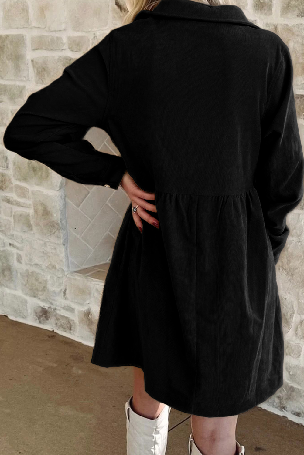 Black Shimmer Christmas Tree Patched Patterned Half Buttons Long Sleeve Dress - loveforevers