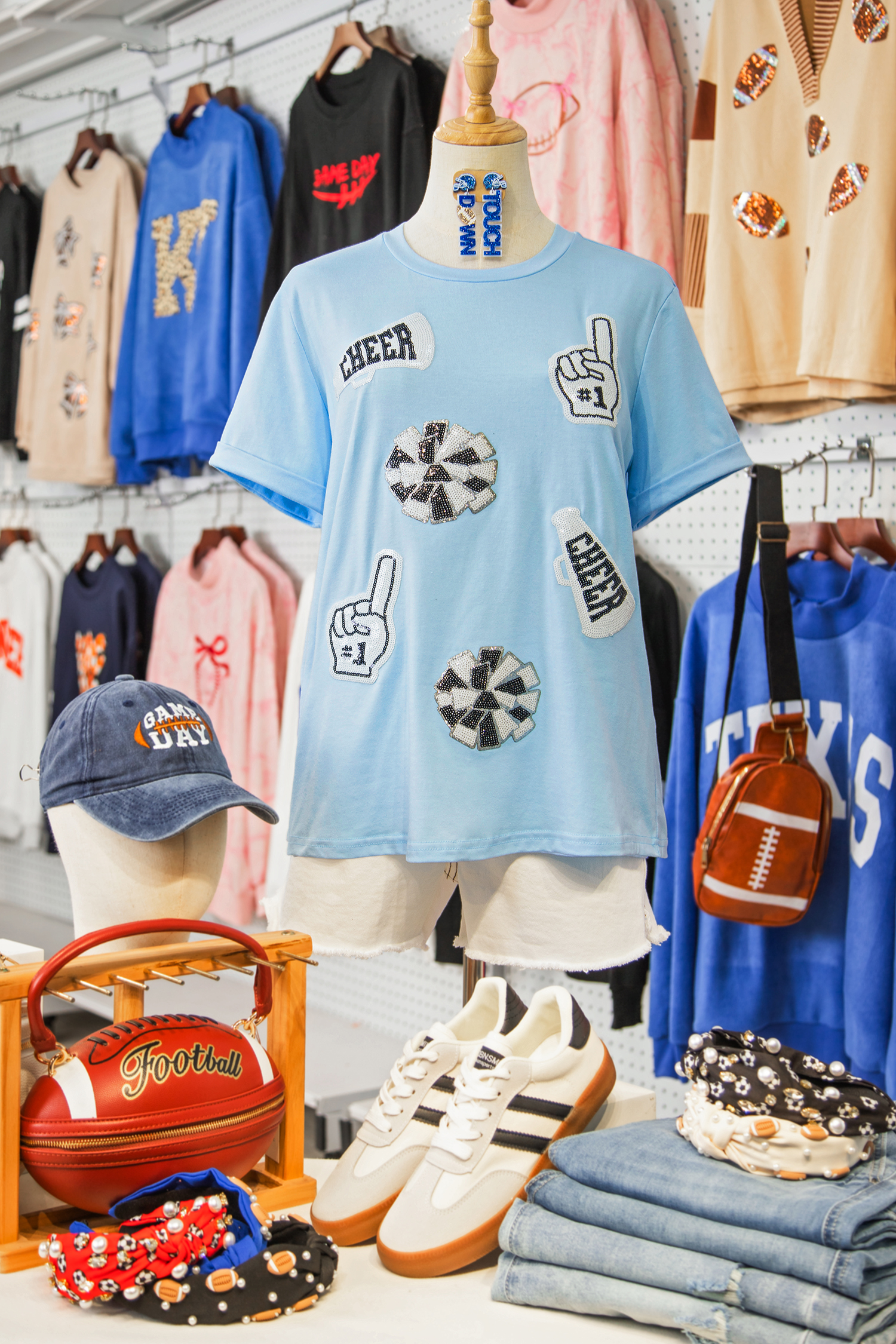 Light Blue Cheer Game Day Element Sequin Patched T Shirt - loveforevers