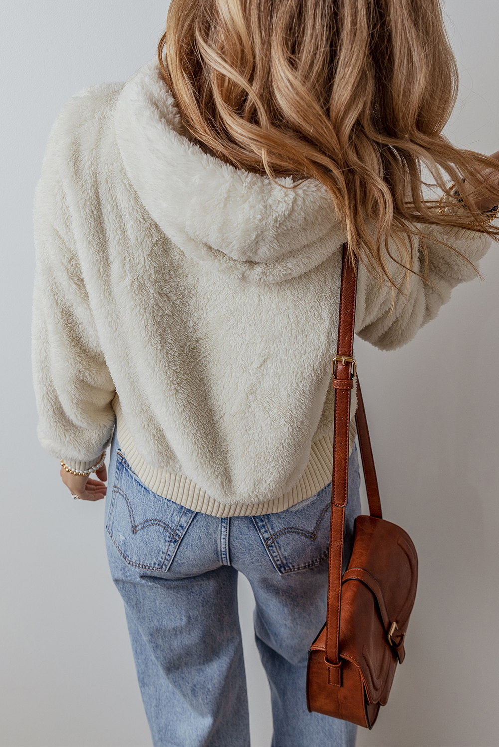 White Contrast Ribbed Edge Plush Hoodie - loveforevers