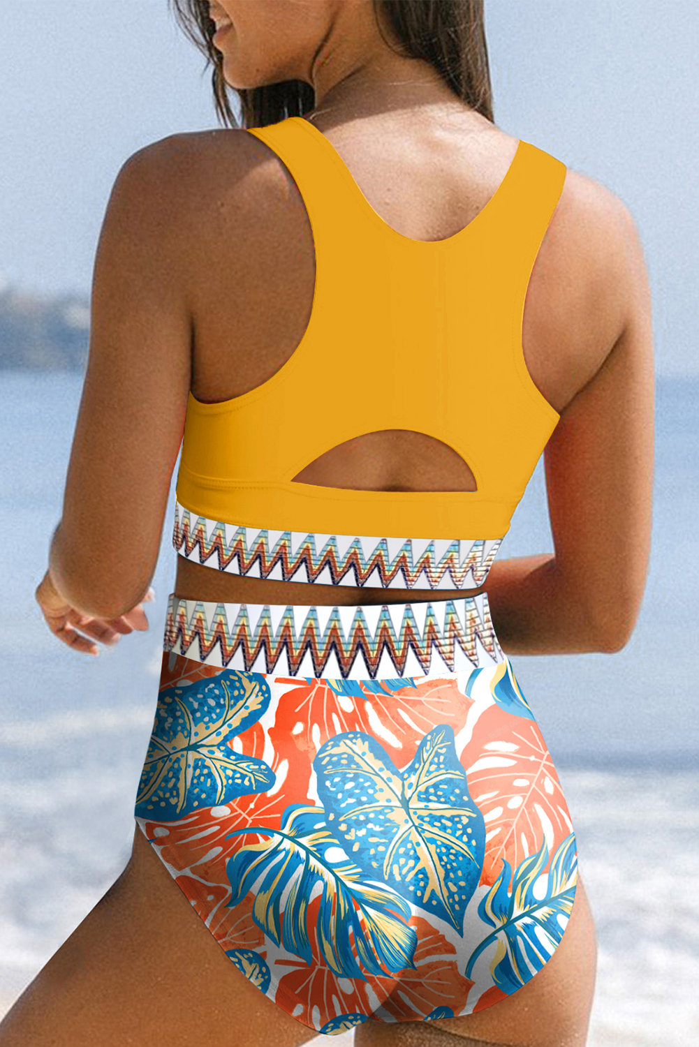 Yellow Contrast Trim Mix and Match High Waist 2pcs Swimsuit - loveforevers